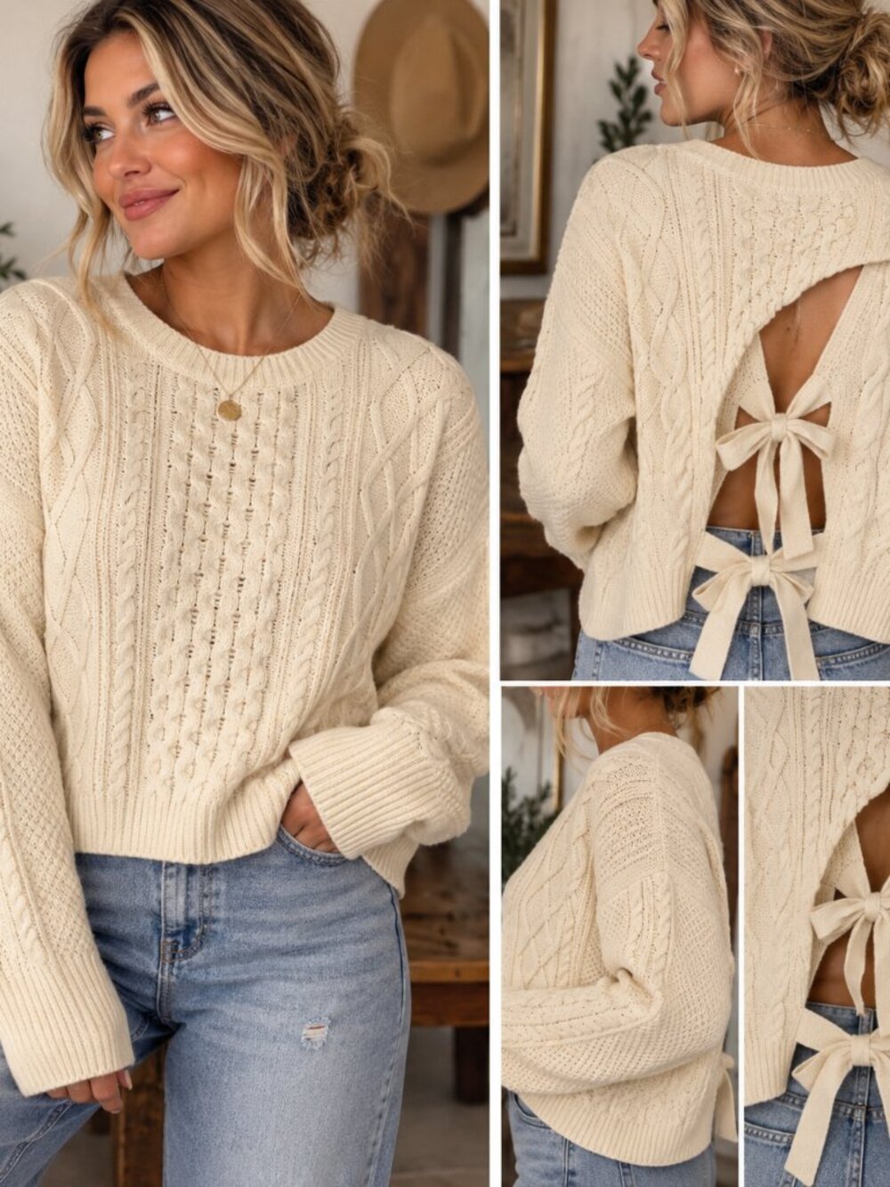745 - Moon & Madison XL Tan Cable Knit Open Back Tie Bow Sweater NWOT Cream